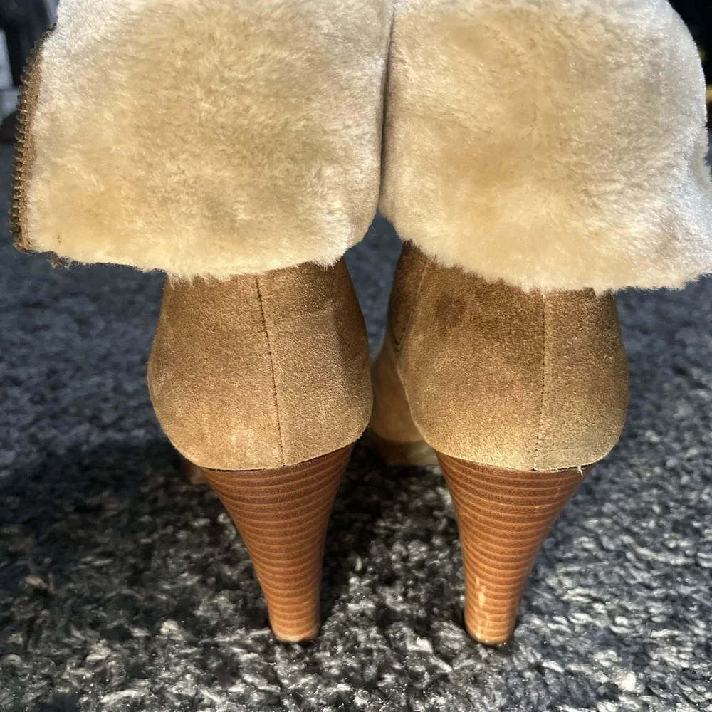 Annie Klein Tan 9.5 Leather Rolled Top Faux Fur Heel‎ Bootie Side Zip